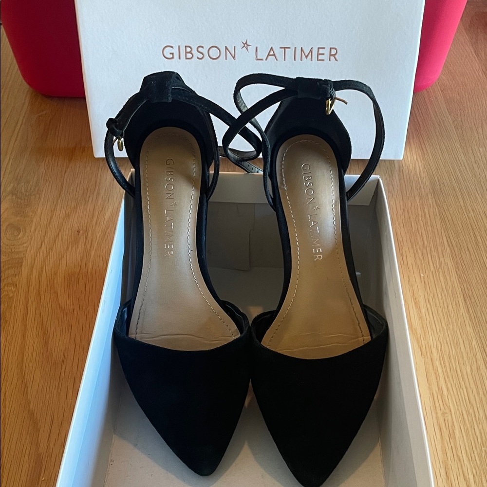Gibson Latimer Black Suede Flats with Ankle Strap
